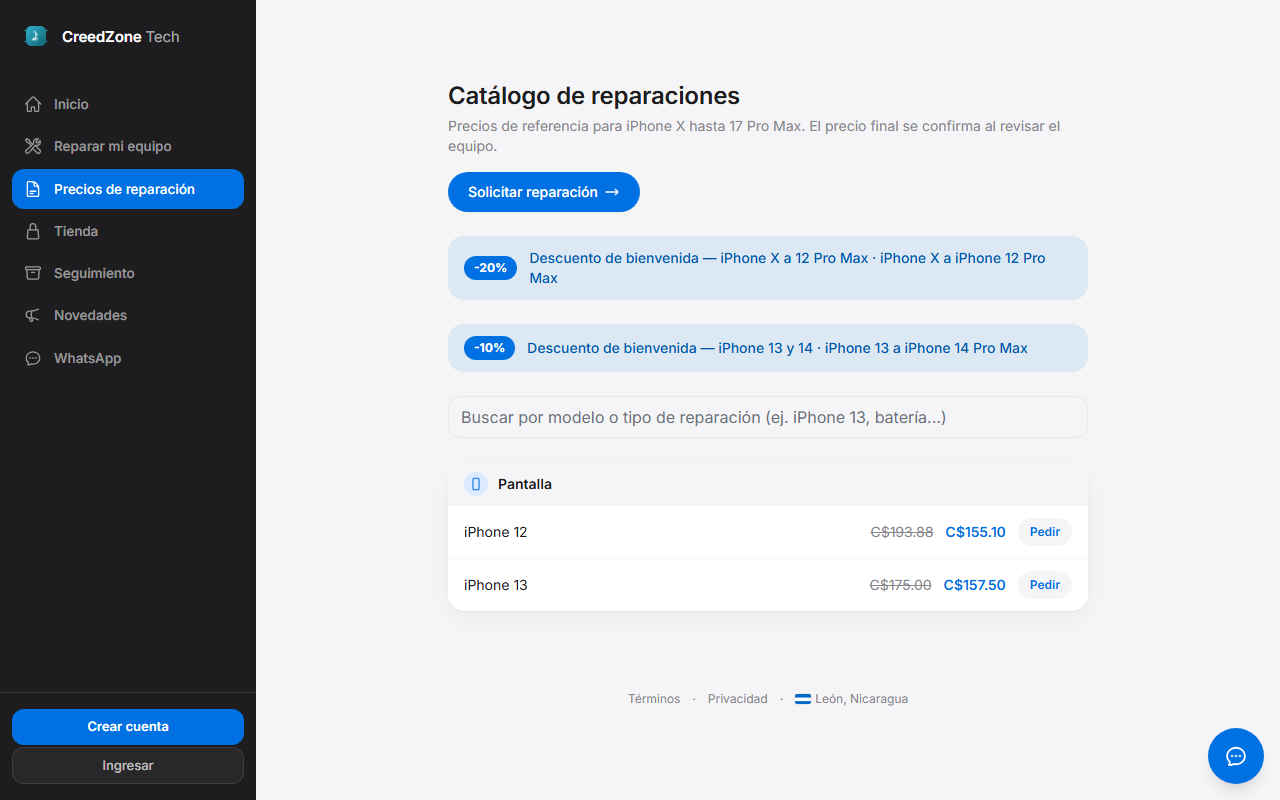 Interfaz del sistema: Taller de reparación de celulares